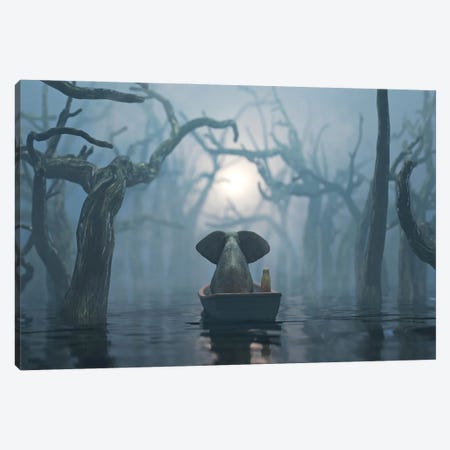 Elephant And Dog Float On A Boat On The River In The Fog Canvas Print #MII249} by Mike Kiev Canvas Wall Art