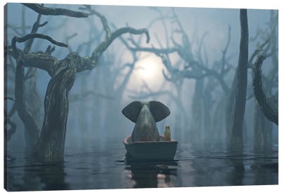 Elephant And Dog Float On A Boat On The River In The Fog Canvas Art Print - Mike Kiev