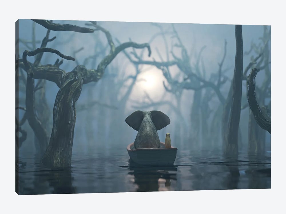 Elephant And Dog Float On A Boat On The River In The Fog by Mike Kiev 1-piece Canvas Art