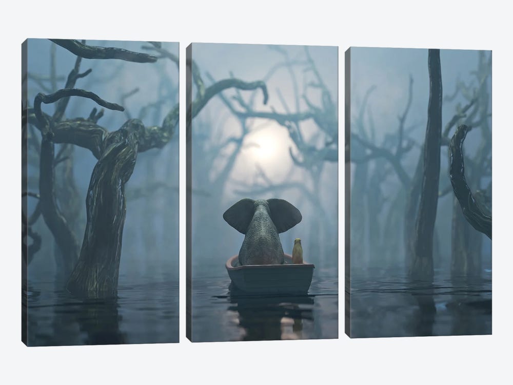 Elephant And Dog Float On A Boat On The River In The Fog by Mike Kiev 3-piece Canvas Art