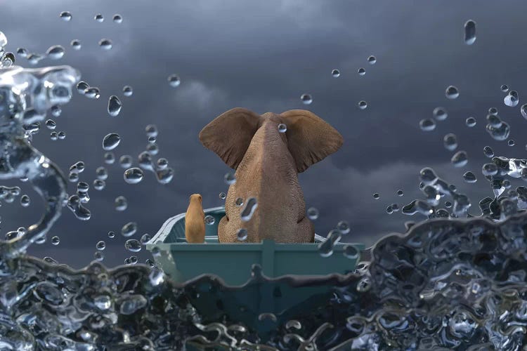 Elephant And Dog Is Sailing In A Boat In A Stormy Sea