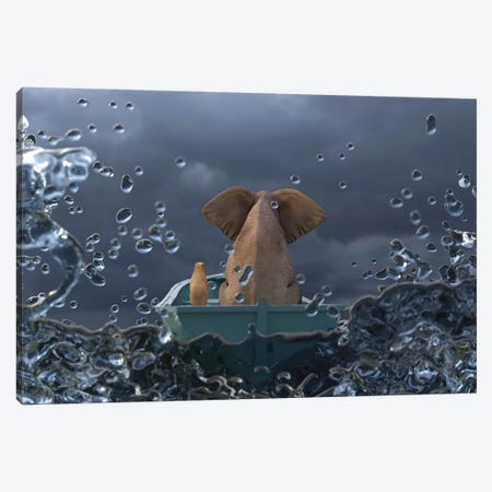 Elephant And Dog Is Sailing In A Boat In A Stormy Sea Canvas Print #MII24} by Mike Kiev Canvas Art