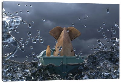 Elephant And Dog Is Sailing In A Boat In A Stormy Sea Canvas Art Print - Mike Kiev