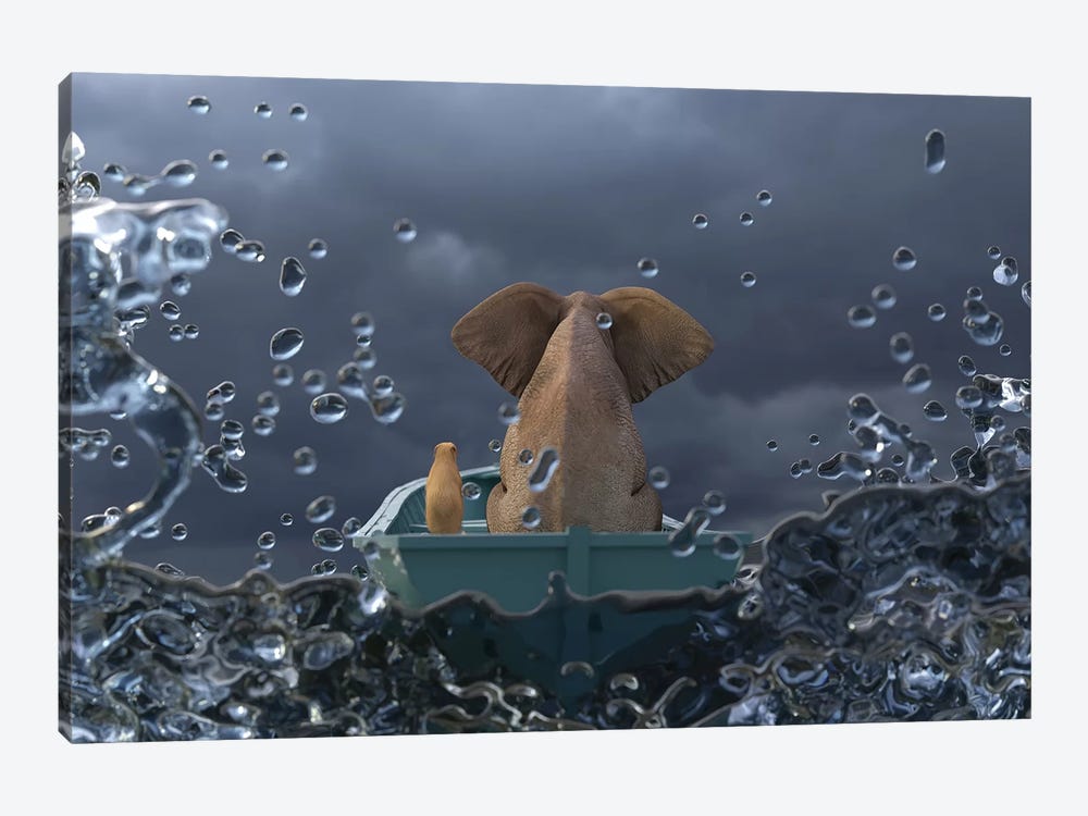 Elephant And Dog Is Sailing In A Boat In A Stormy Sea by Mike Kiev 1-piece Canvas Art