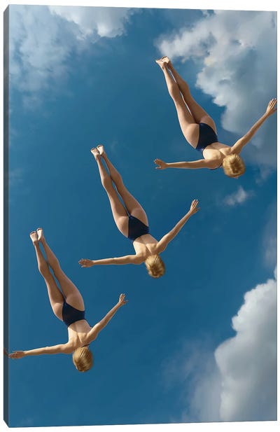 Three Women Jump Into The Water From A Height I Canvas Art Print - Mike Kiev