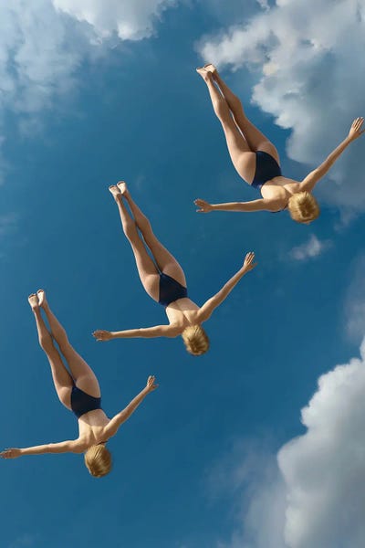 Mike Kiev: Three Women Jump Into The Water From A Height I by Mike Kiev