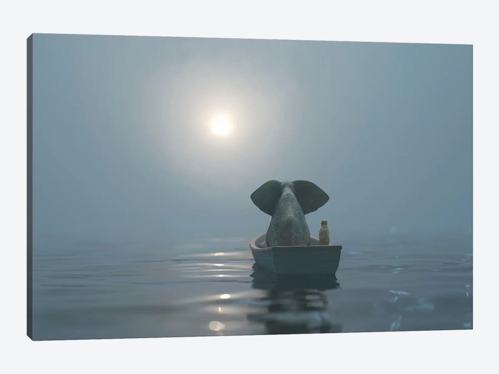 Elephant And Dog Is Sailing On A Boat In The Fog by Mike Kiev 1-piece Canvas Wall Art