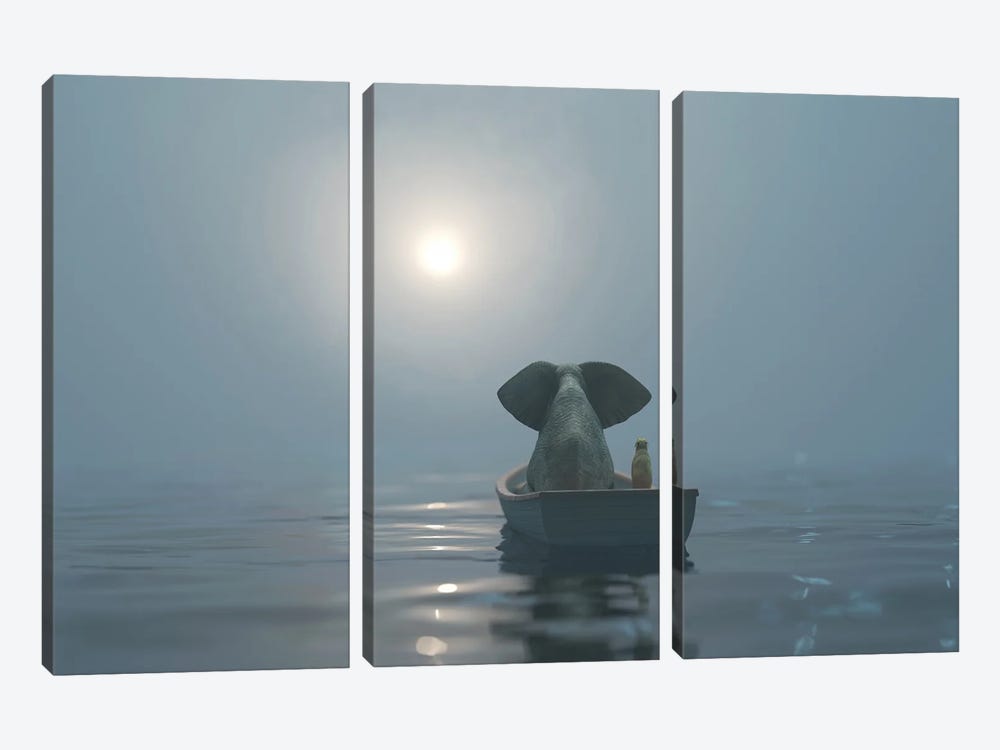 Elephant And Dog Is Sailing On A Boat In The Fog by Mike Kiev 3-piece Canvas Wall Art