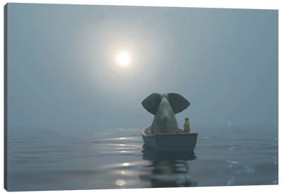 Elephant And Dog Is Sailing On A Boat In The Fog Canvas Art Print - Mike Kiev