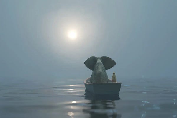 Mike Kiev: Elephant And Dog Is Sailing On A Boat In The Fog by Mike Kiev