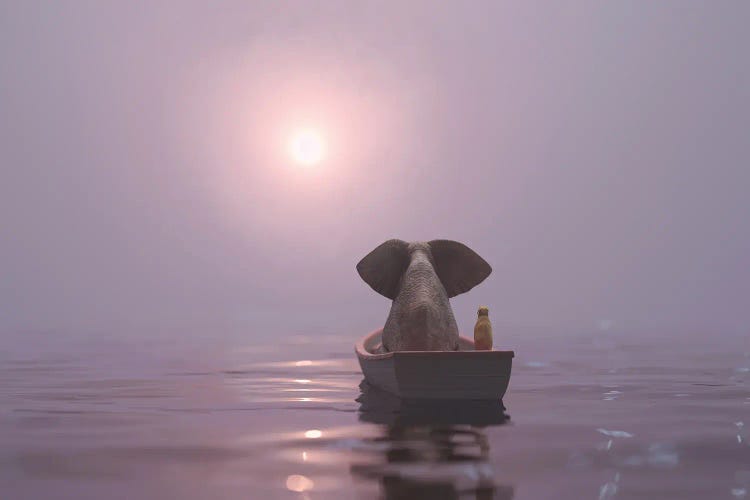 Elephant And Dog Is Sailing On A Boat In The Pink Fog