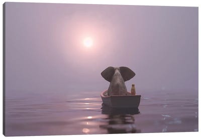 Elephant And Dog Is Sailing On A Boat In The Pink Fog Canvas Art Print - Mike Kiev