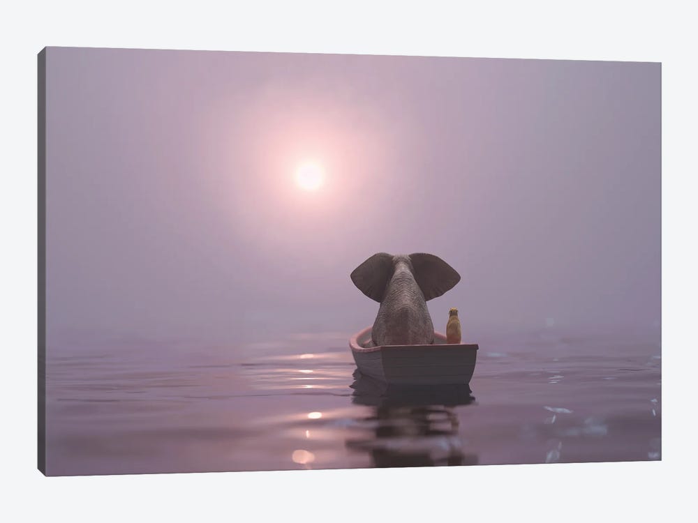 Elephant And Dog Is Sailing On A Boat In The Pink Fog by Mike Kiev 1-piece Canvas Print
