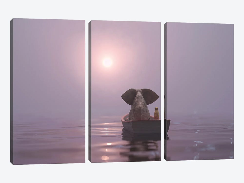 Elephant And Dog Is Sailing On A Boat In The Pink Fog by Mike Kiev 3-piece Canvas Art Print