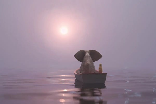 Mike Kiev: Elephant And Dog Is Sailing On A Boat In The Pink Fog by Mike Kiev