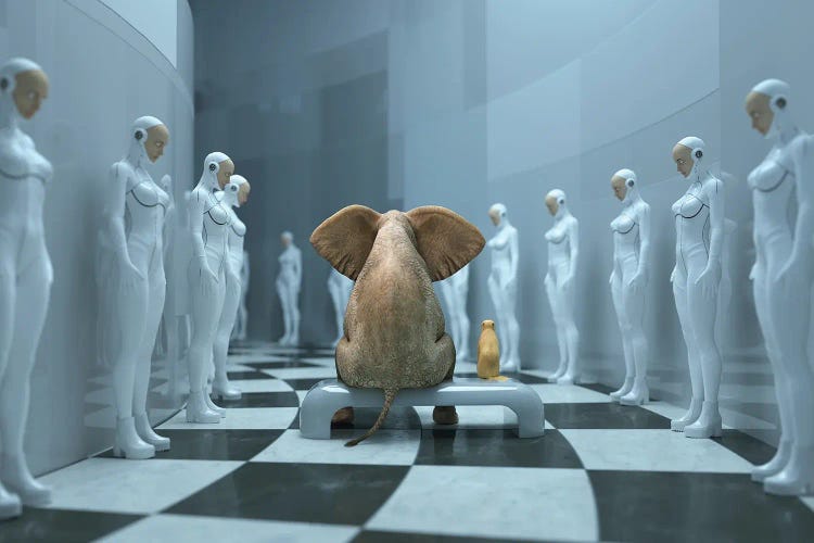 Elephant And Dog In A Futuristic Interior