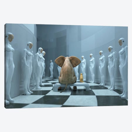 Elephant And Dog In A Futuristic Interior Canvas Print #MII254} by Mike Kiev Canvas Wall Art