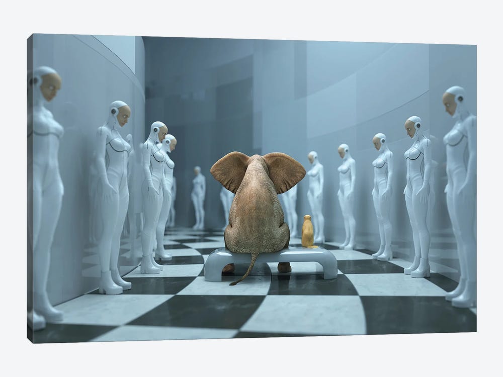 Elephant And Dog In A Futuristic Interior by Mike Kiev 1-piece Canvas Artwork