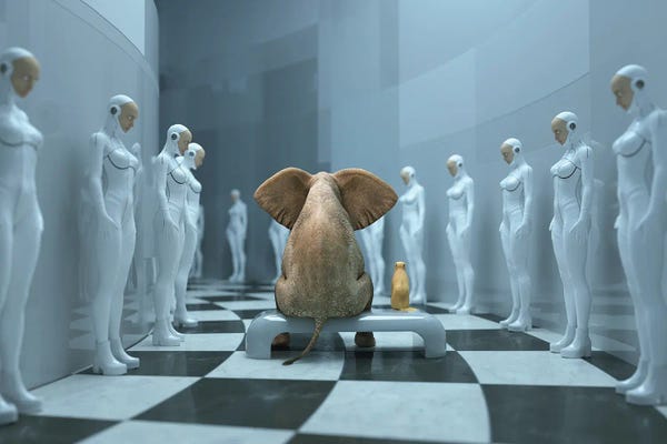 Mike Kiev: Elephant And Dog In A Futuristic Interior by Mike Kiev