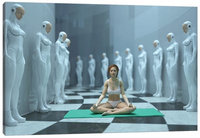 Woman Meditating In A Futuristic Interior Canvas Art Print - Mike Kiev