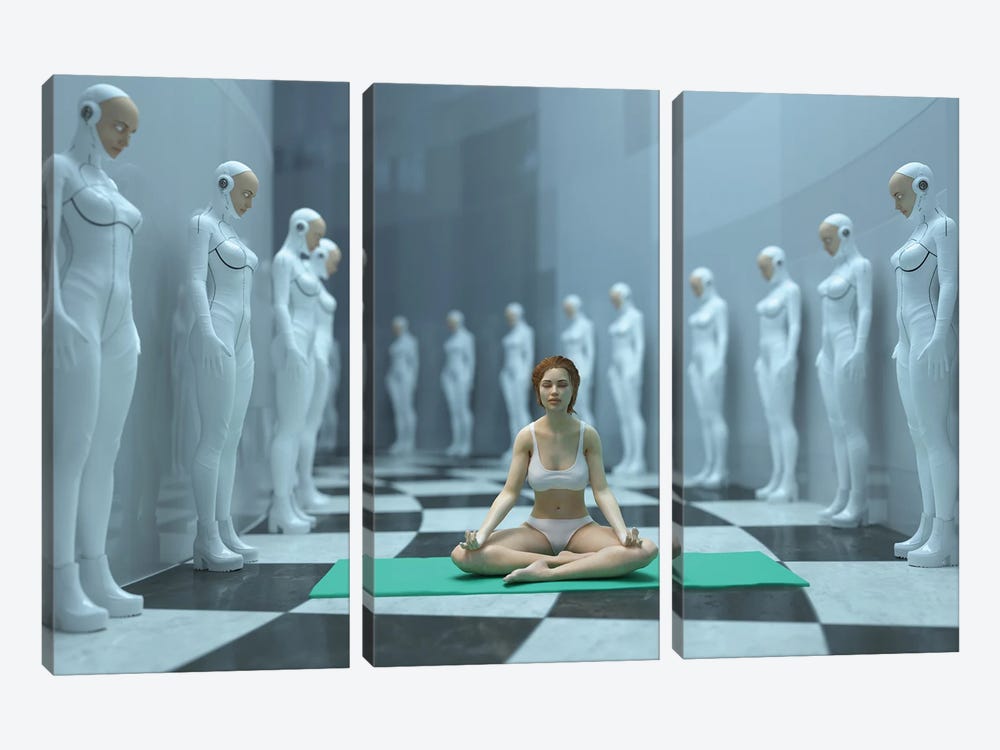 Woman Meditating In A Futuristic Interior by Mike Kiev 3-piece Canvas Art