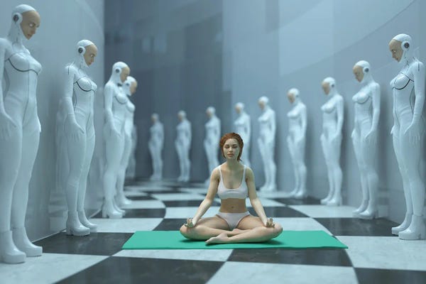 Mike Kiev: Woman Meditating In A Futuristic Interior by Mike Kiev