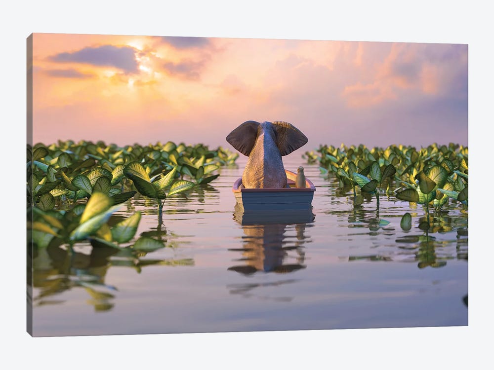 Elephant And Dog Float In A Boat On The River by Mike Kiev 1-piece Canvas Print