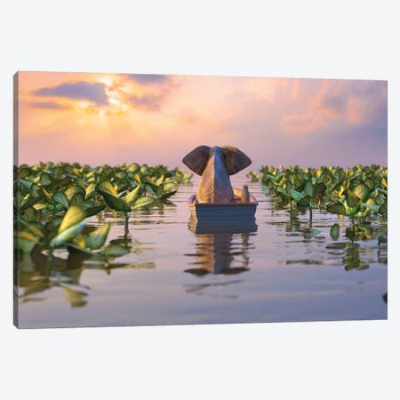 Elephant And Dog Float In A Boat On The River Canvas Print #MII257} by Mike Kiev Canvas Art