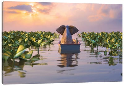 Elephant And Dog Float In A Boat On The River Canvas Art Print - Mike Kiev