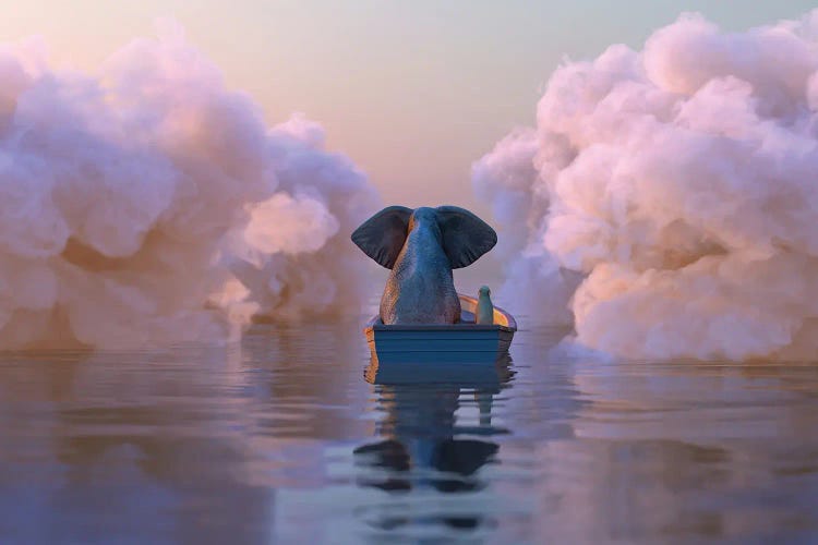 Elephant And Dog In A Boat Float Through The Clouds