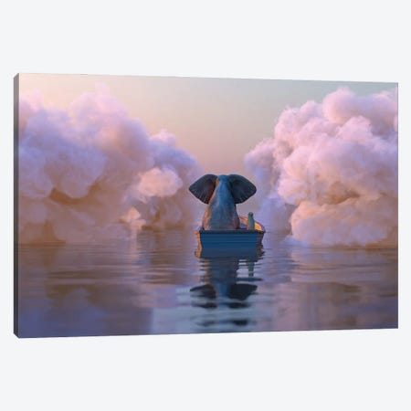 Elephant And Dog In A Boat Float Through The Clouds Canvas Print #MII258} by Mike Kiev Art Print
