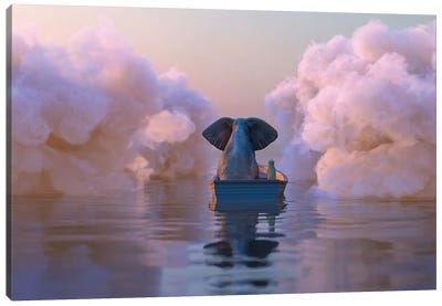 Elephant And Dog In A Boat Float Through The Clouds Canvas Art Print - Mike Kiev