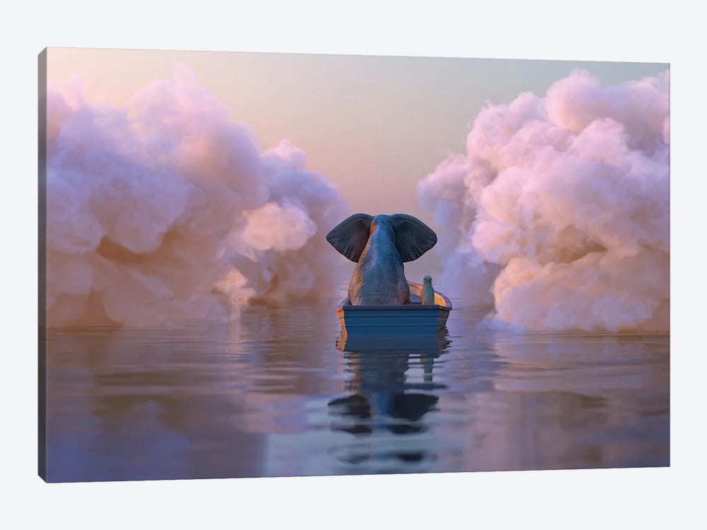 Elephant And Dog In A Boat Float Through The Clouds by Mike Kiev 1-piece Canvas Wall Art