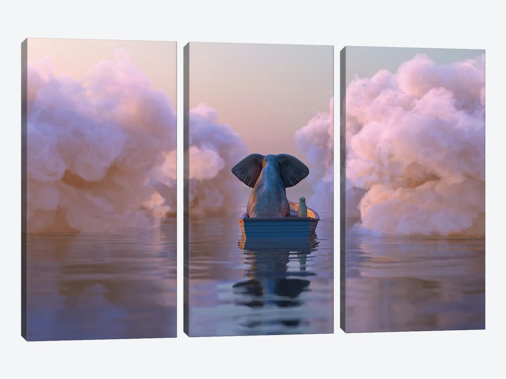 Elephant And Dog In A Boat Float Through The Clouds by Mike Kiev 3-piece Canvas Wall Art
