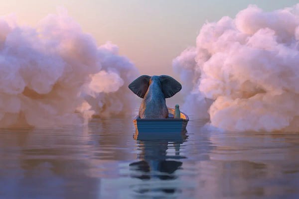 Mike Kiev: Elephant And Dog In A Boat Float Through The Clouds by Mike Kiev