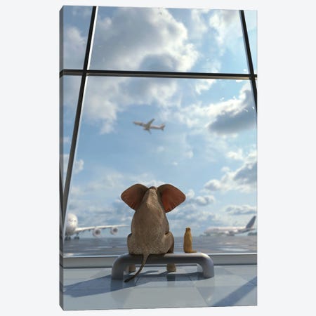 Elephant And Dog Sitting By The Window At The Airport Canvas Print #MII259} by Mike Kiev Canvas Art Print