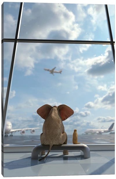 Elephant And Dog Sitting By The Window At The Airport Canvas Art Print - Elephant Art