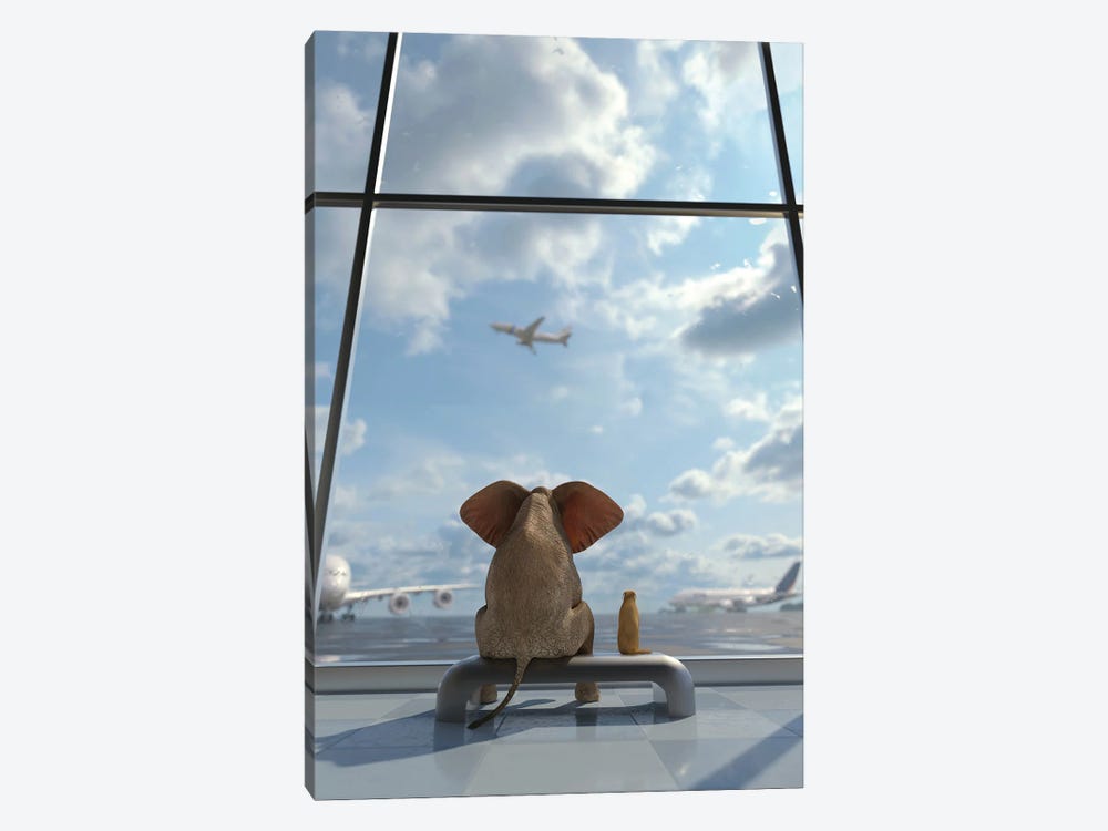 Elephant And Dog Sitting By The Window At The Airport by Mike Kiev 1-piece Canvas Art Print
