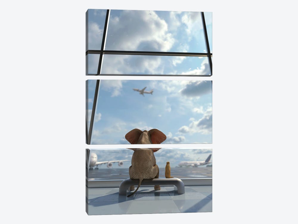 Elephant And Dog Sitting By The Window At The Airport by Mike Kiev 3-piece Art Print