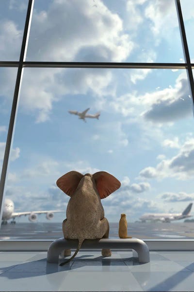 Mike Kiev: Elephant And Dog Sitting By The Window At The Airport by Mike Kiev