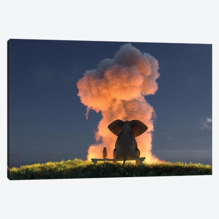 Elephant And Dog Look At The Big Pink Cloud Canvas Print #MII25} by Mike Kiev Canvas Wall Art