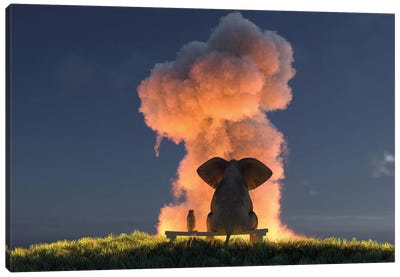 Elephant And Dog Look At The Big Pink Cloud Canvas Art Print - Mike Kiev