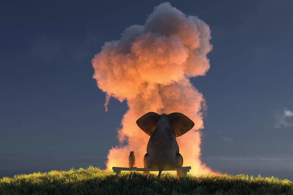 Mike Kiev: Elephant And Dog Look At The Big Pink Cloud by Mike Kiev