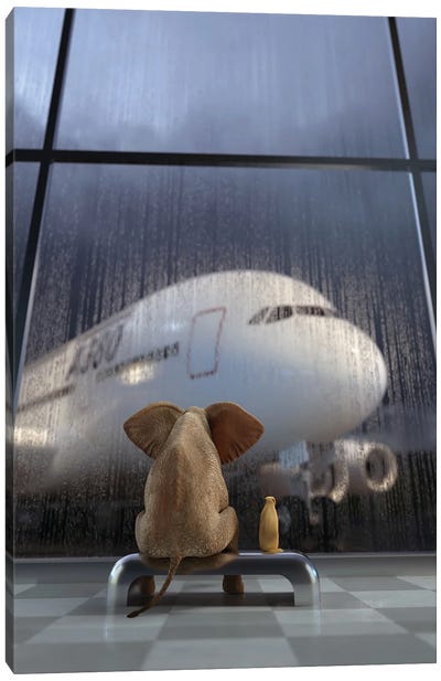 Elephant And Dog Wait Out A Thunderstorm At The Airport Canvas Art Print - Mike Kiev