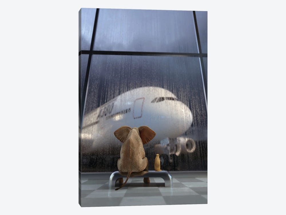 Elephant And Dog Wait Out A Thunderstorm At The Airport by Mike Kiev 1-piece Canvas Art Print