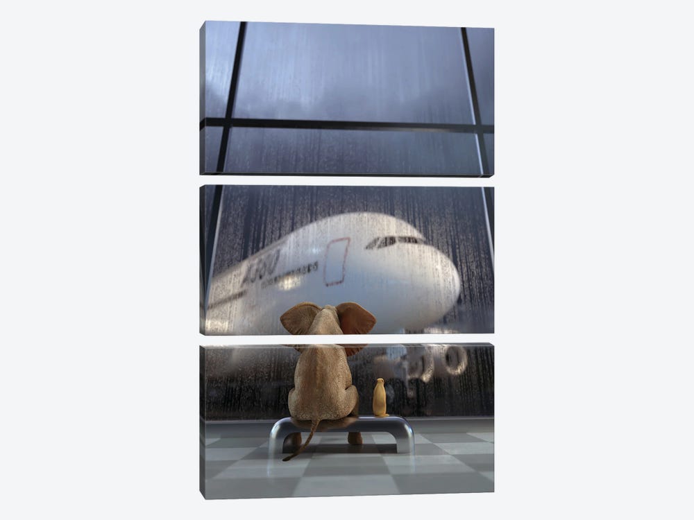 Elephant And Dog Wait Out A Thunderstorm At The Airport by Mike Kiev 3-piece Canvas Art Print