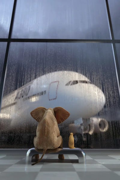 Mike Kiev: Elephant And Dog Wait Out A Thunderstorm At The Airport by Mike Kiev