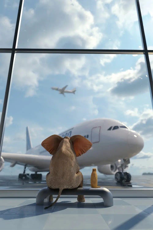 Elephant And Dog Sitting By The Window At The Airport II