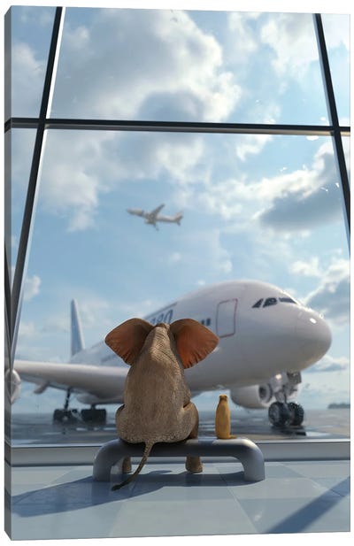 Elephant And Dog Sitting By The Window At The Airport II Canvas Art Print - Mike Kiev