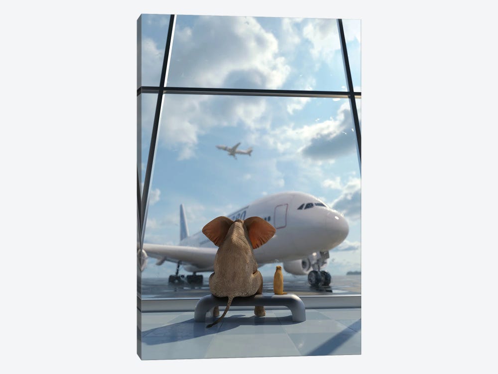 Elephant And Dog Sitting By The Window At The Airport II by Mike Kiev 1-piece Canvas Wall Art